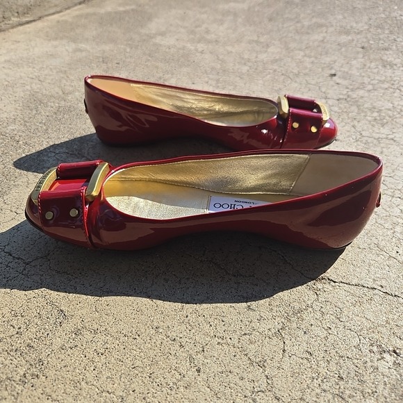 Jimmy Choo Flat Pumps Size 34.5 Red Burgundy Enamel Casual Shoes - Picture 9 of 11